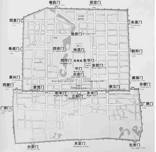 其中「内九外七皇城四」指的是内城,外城和皇城的城门,共计 20 座.